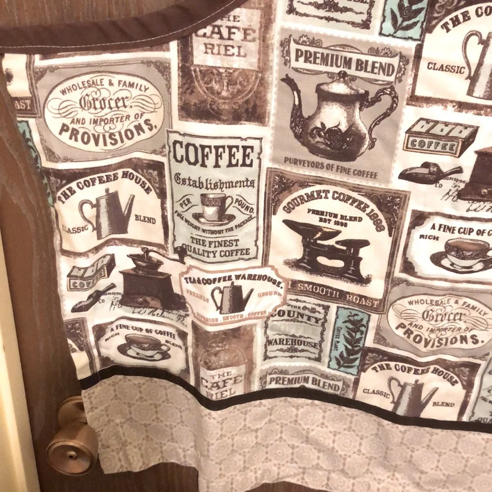 Coffee Motif Cotton Apron - 25”x28”, each waist tie is 24” long